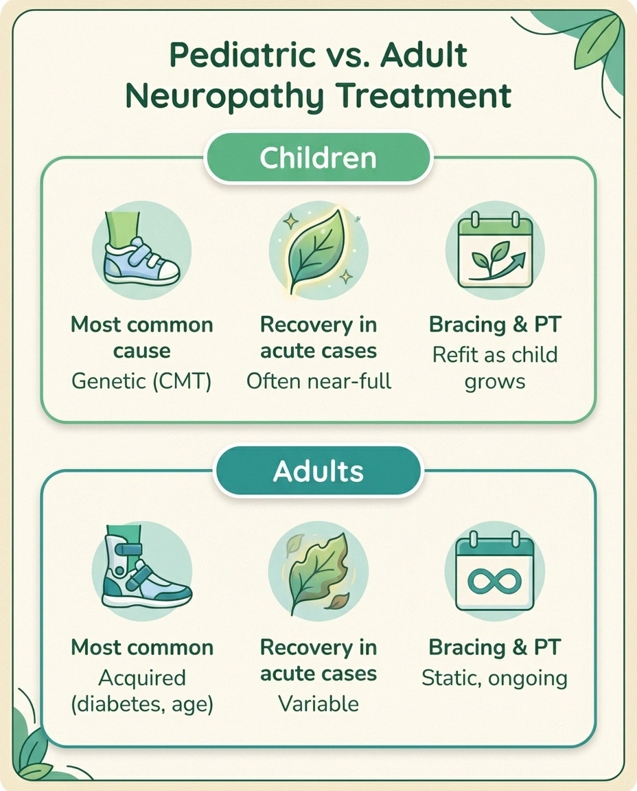 Two-column infographic comparing pediatric versus adult neuropathy treatment principles.