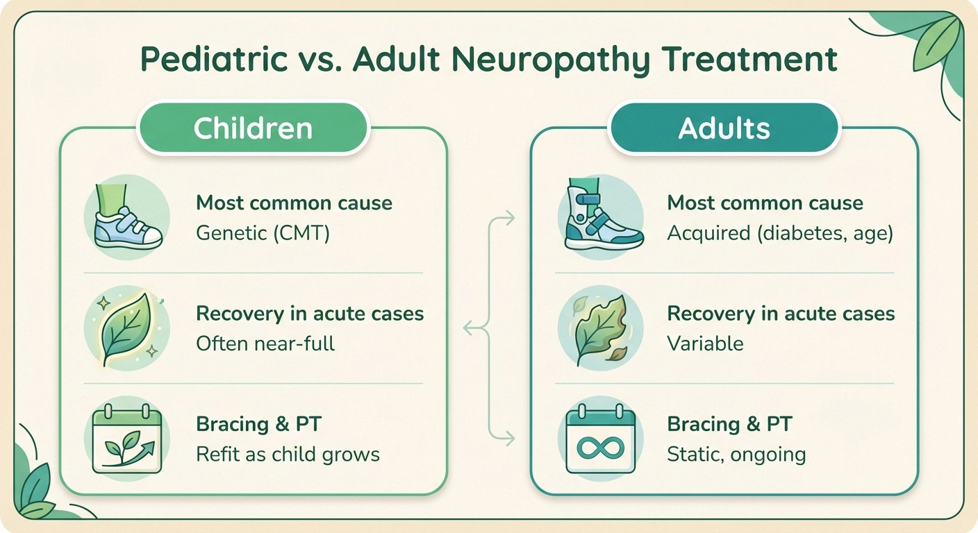 Two-column infographic comparing pediatric versus adult neuropathy treatment principles.