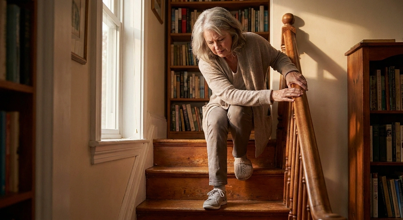Older woman gripping handrail while descending stairs — illustrating balance and proprioception loss from B12 deficiency neuropathy