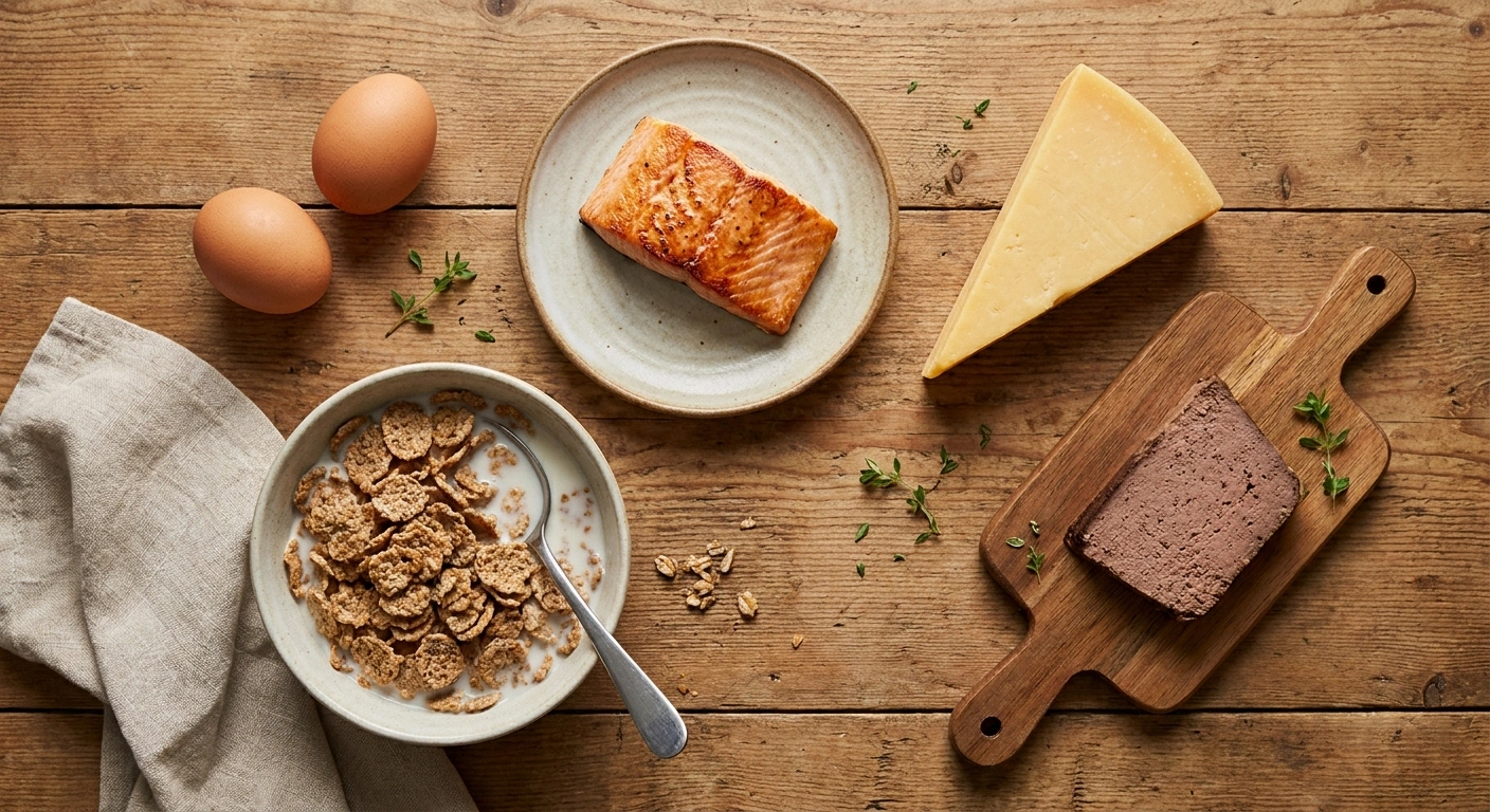 Overhead view of B12-rich foods including eggs, salmon, fortified cereal, and cheese — dietary sources blocked from absorption in pernicious anemia