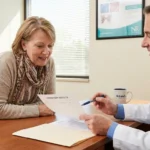Doctor reviewing pernicious anemia lab results with older female patient — confirming B12 deficiency as cause of long-standing neuropathy
