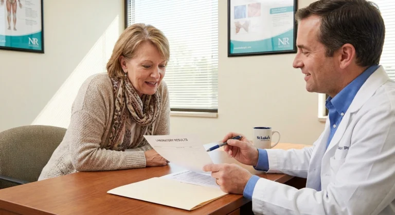 Doctor reviewing pernicious anemia lab results with older female patient — confirming B12 deficiency as cause of long-standing neuropathy