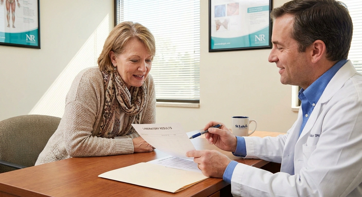 Doctor reviewing pernicious anemia lab results with older female patient — confirming B12 deficiency as cause of long-standing neuropathy