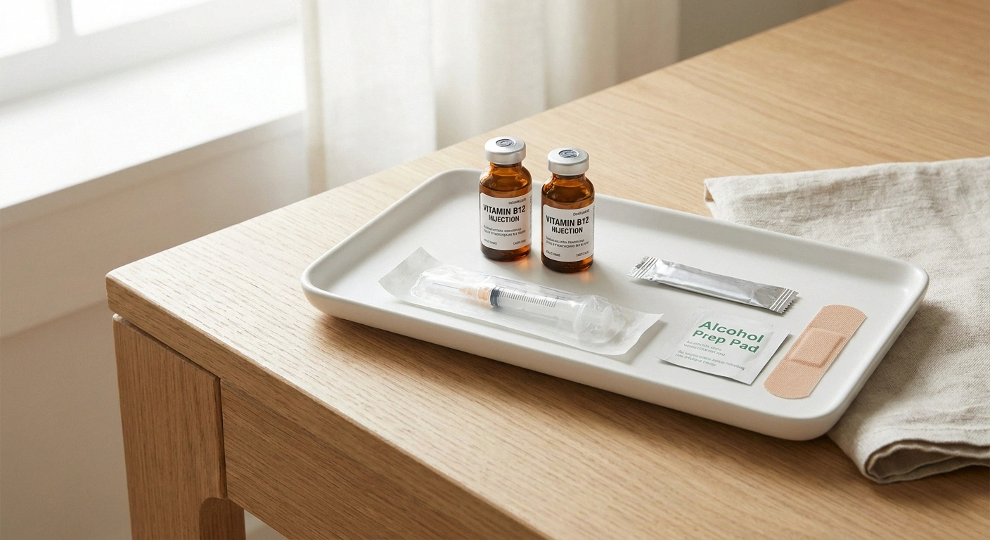 B12 injection vials and syringe arranged on a clean tray — standard treatment for pernicious anemia and B12 deficiency neuropathy