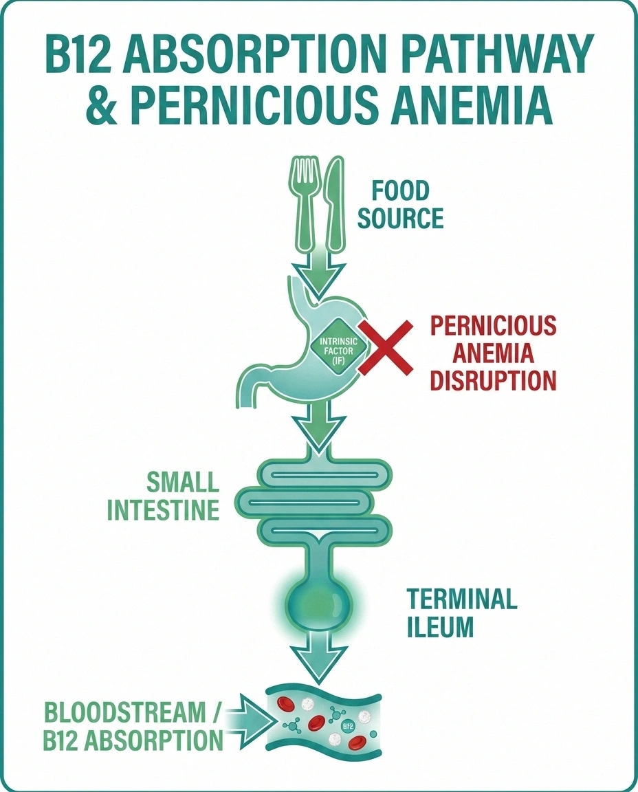 Infographic showing the B12 absorption pathway from food through stomach intrinsic factor to terminal ileum — and where pernicious anemia breaks the chain