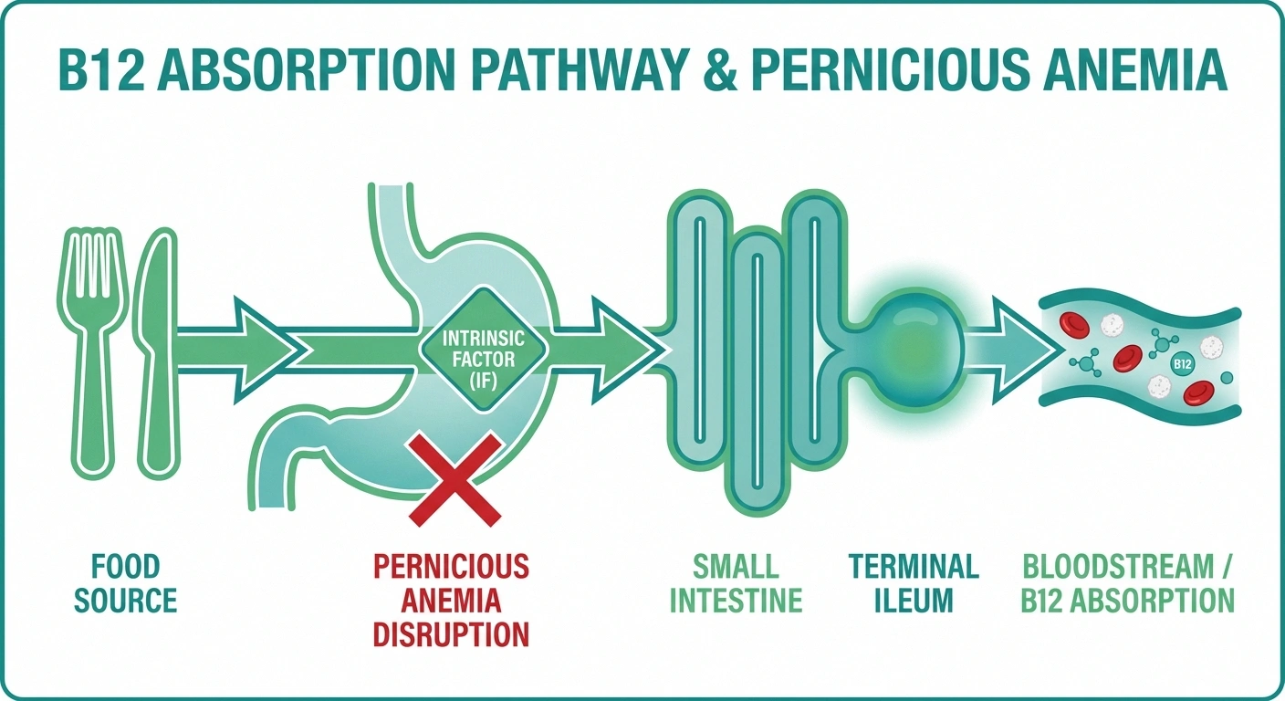 Infographic showing the B12 absorption pathway from food through stomach intrinsic factor to terminal ileum — and where pernicious anemia breaks the chain