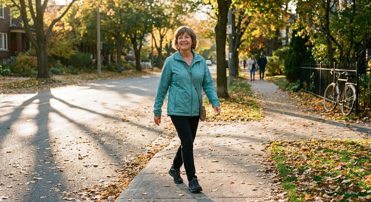 Older woman walking confidently outdoors after pernicious anemia diagnosis and B12 treatment — recovery and stable nerve function
