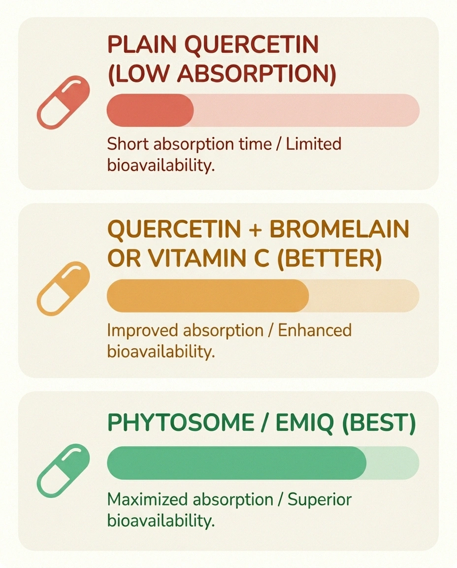 Infographic comparing the absorption of plain quercetin, paired forms, and enhanced phytosome or EMIQ forms.