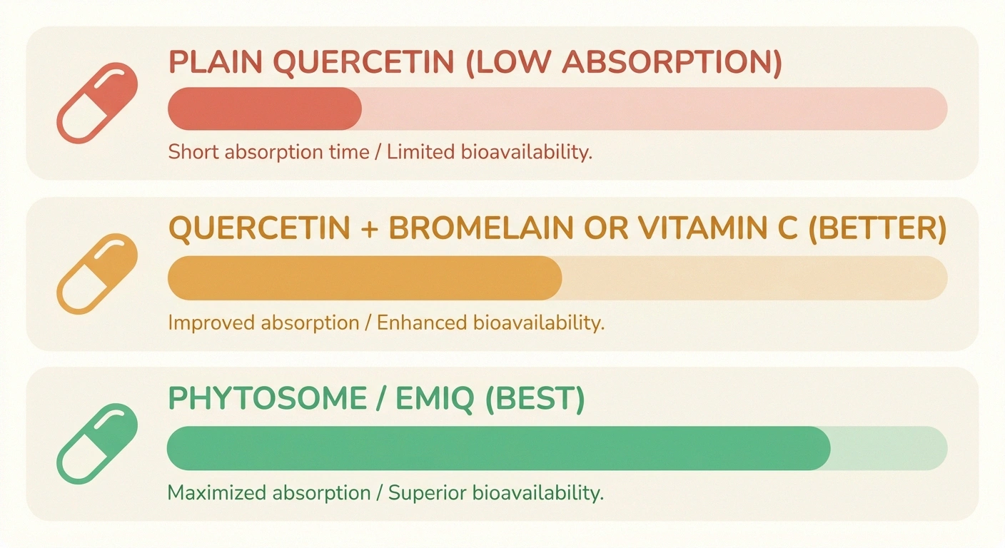 Infographic comparing the absorption of plain quercetin, paired forms, and enhanced phytosome or EMIQ forms.