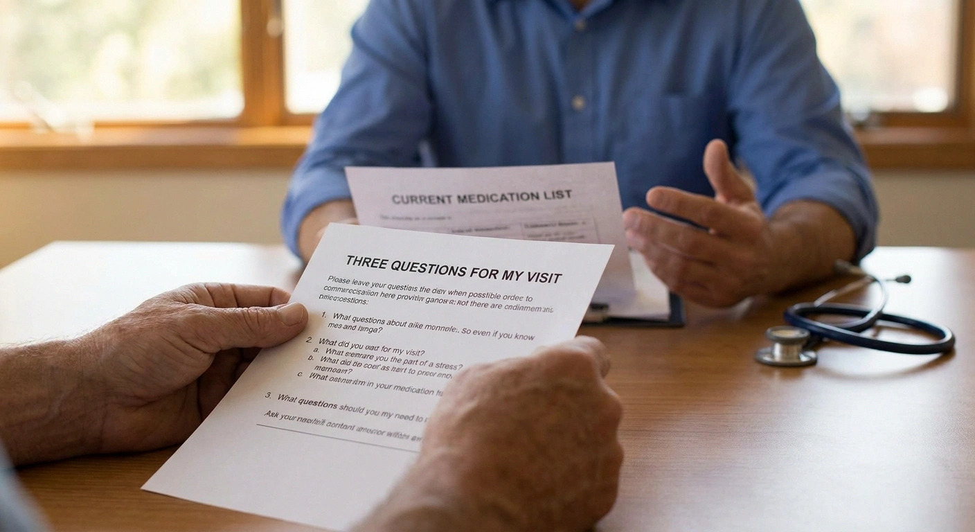 A patient bringing a written question list about quercetin to a clinical appointment, alongside her current medication list.
