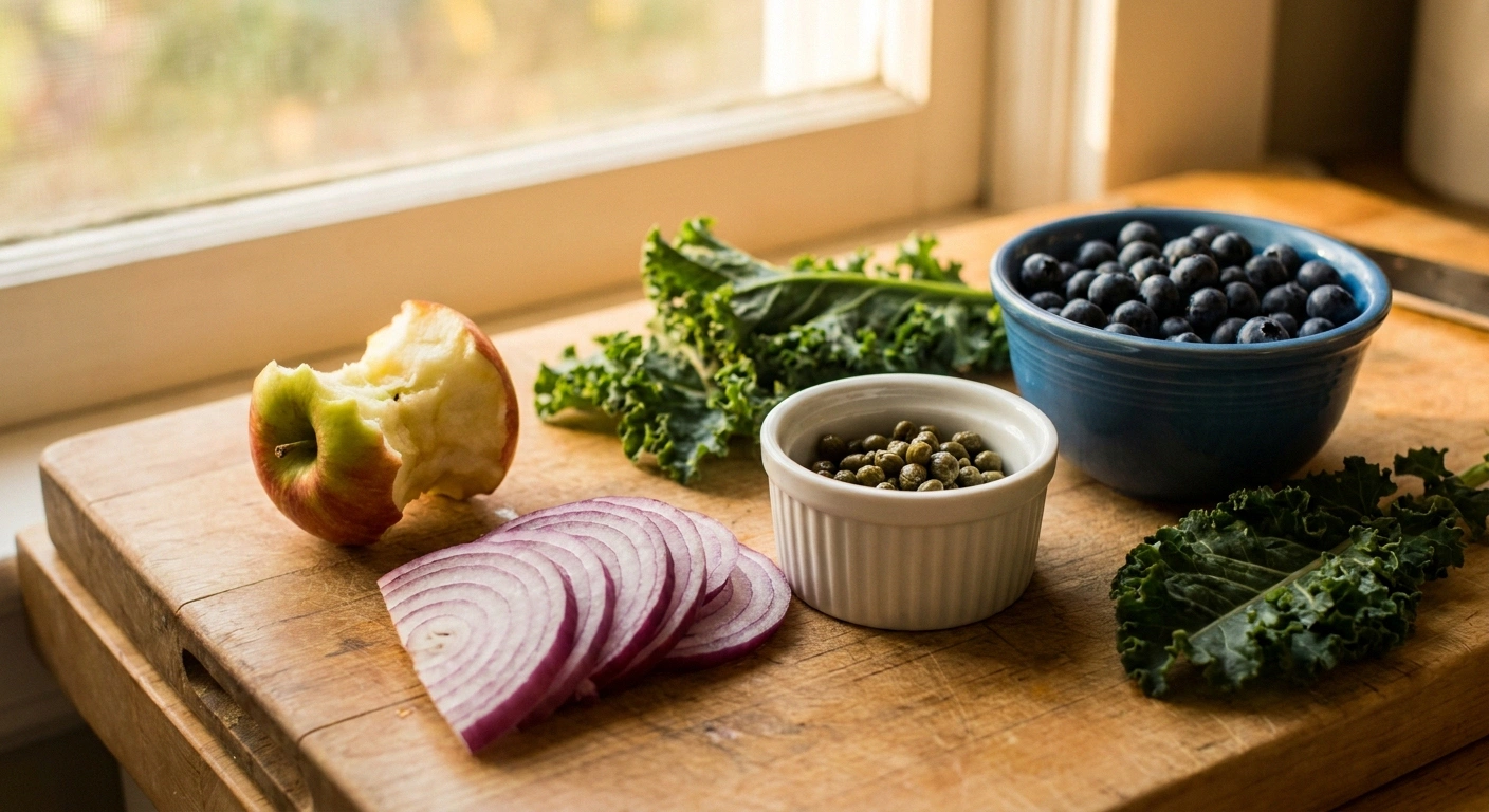 A vibrant arrangement of quercetin-rich whole foods — red onion, apple, capers, kale, and blueberries.