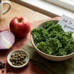 Onions, apples, kale, capers, and berries on a wooden kitchen table — the everyday food sources of the flavonoid quercetin.