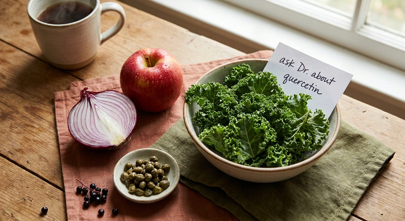 Onions, apples, kale, capers, and berries on a wooden kitchen table — the everyday food sources of the flavonoid quercetin.