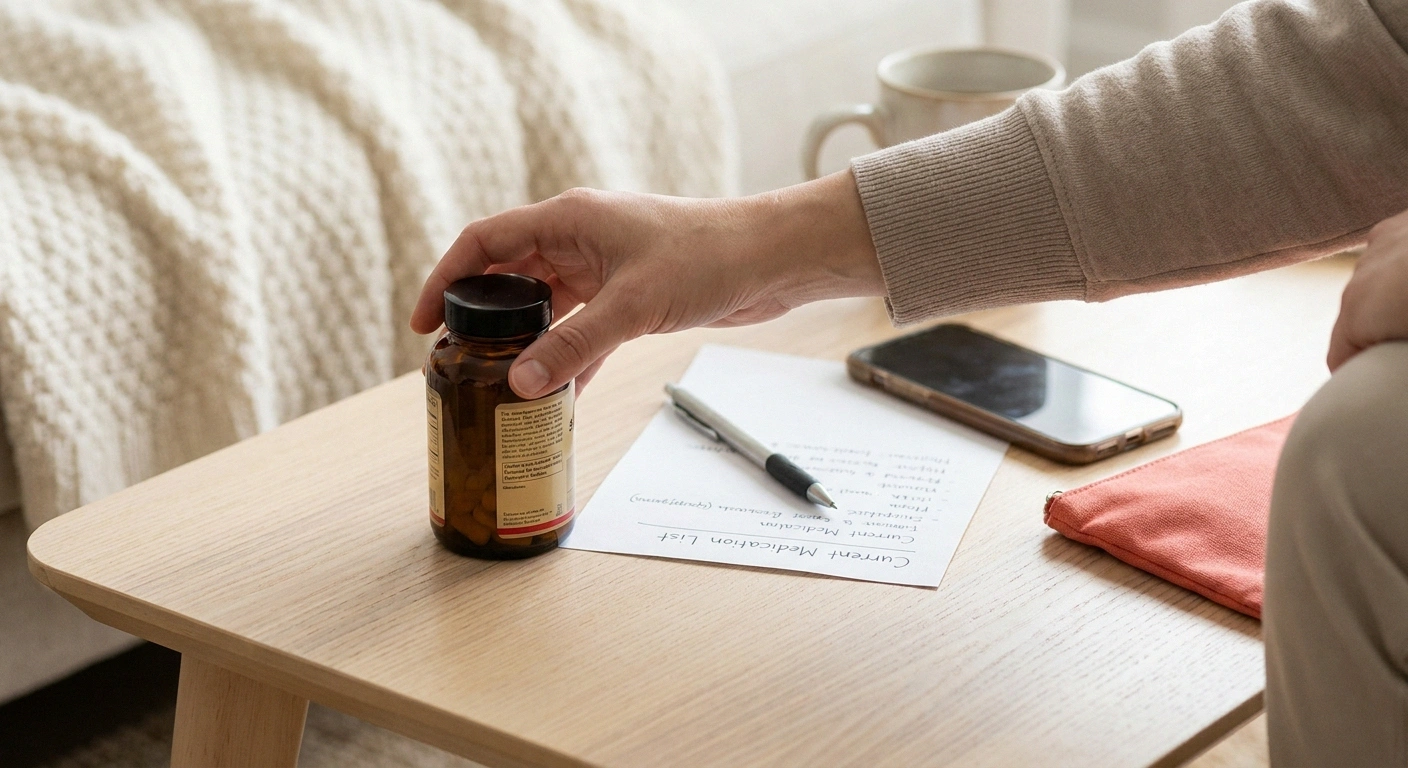 A hand setting a supplement bottle beside a current medication list, illustrating the need to review interactions before starting quercetin.