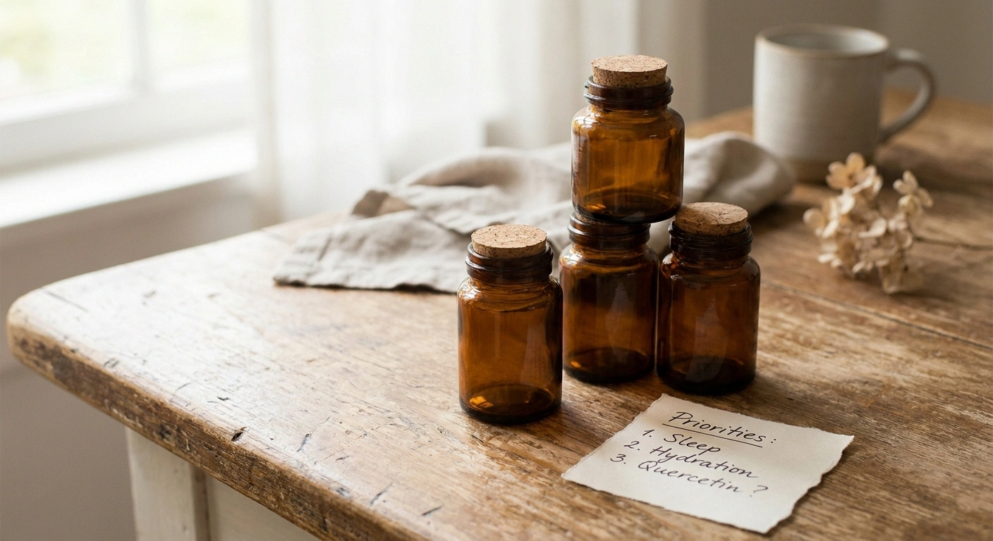 A small arrangement of supplement bottles illustrating quercetin as a layered addition behind better-studied neuropathy supplements.