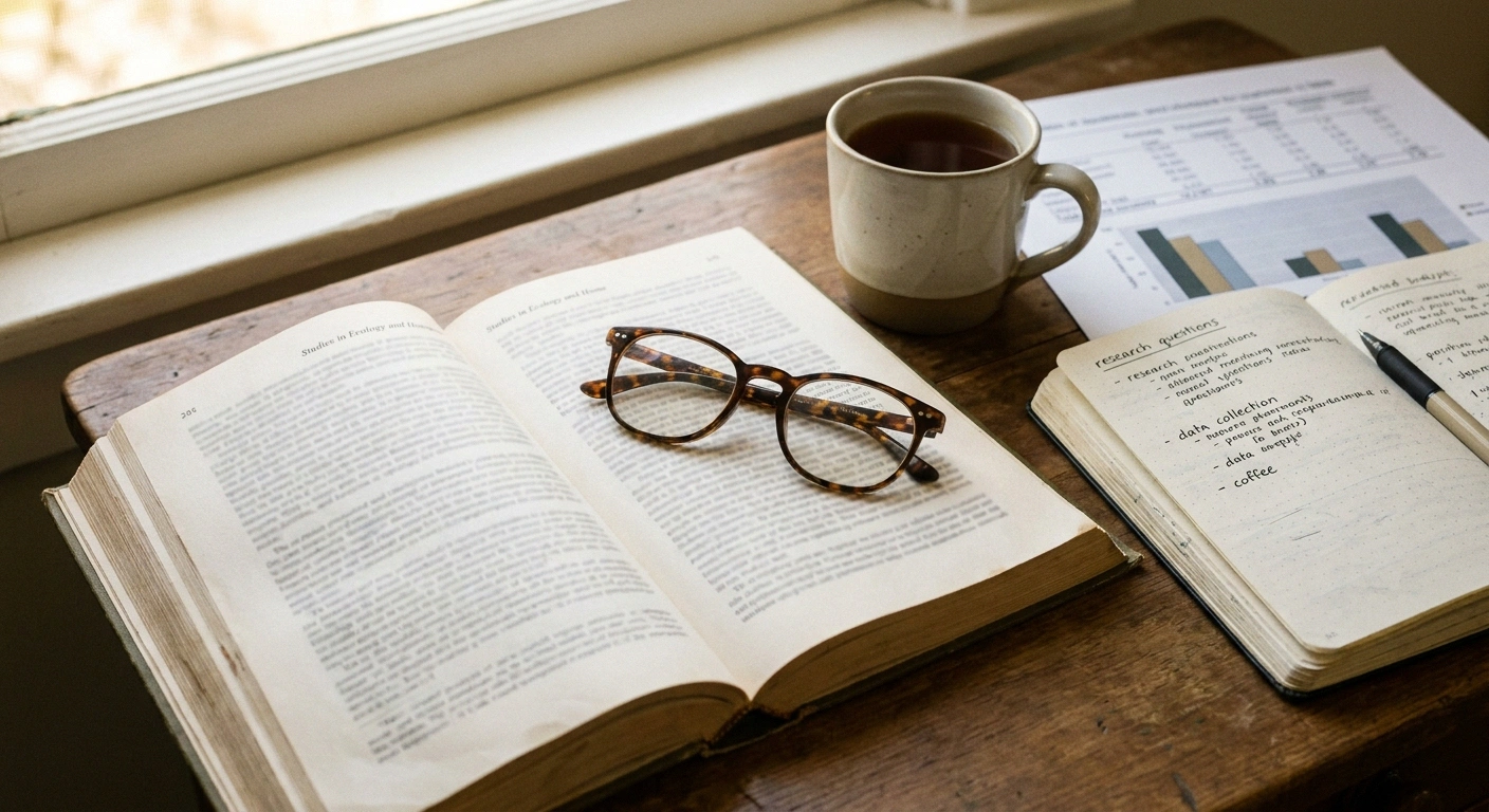A reading desk with an open research article and notes, illustrating the careful evaluation of quercetin neuropathy research.
