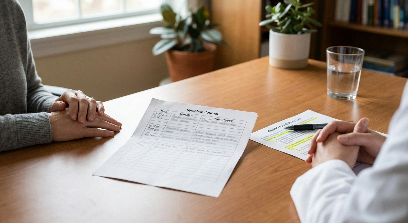 A printed symptom journal and the IRLSSG criteria on a clinician's table during an appointment — the conversation that gets both restless legs syndrome and neuropathy properly diagnosed.