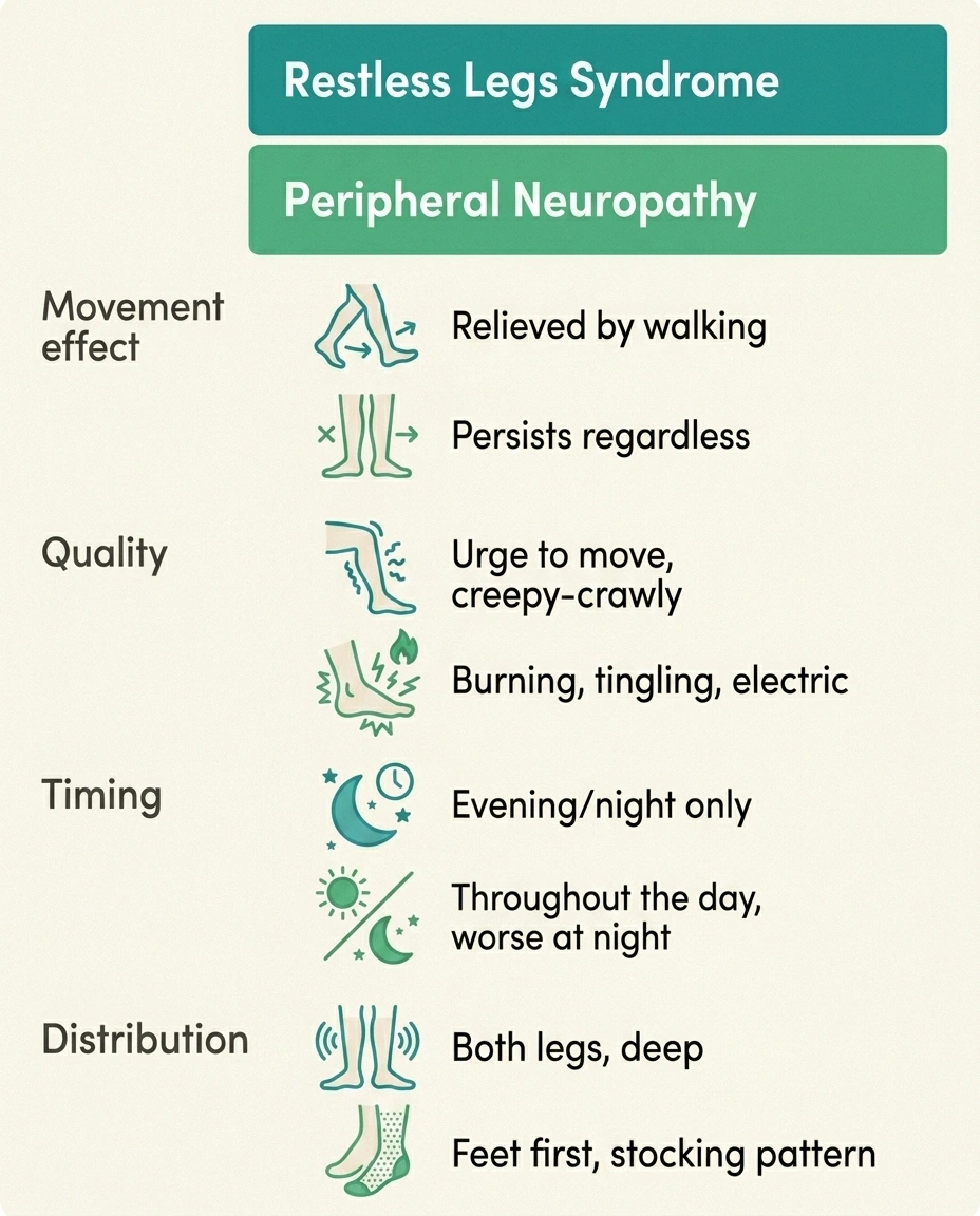 A side-by-side infographic comparing restless legs syndrome and peripheral neuropathy on four key features — movement, quality, timing, and distribution.