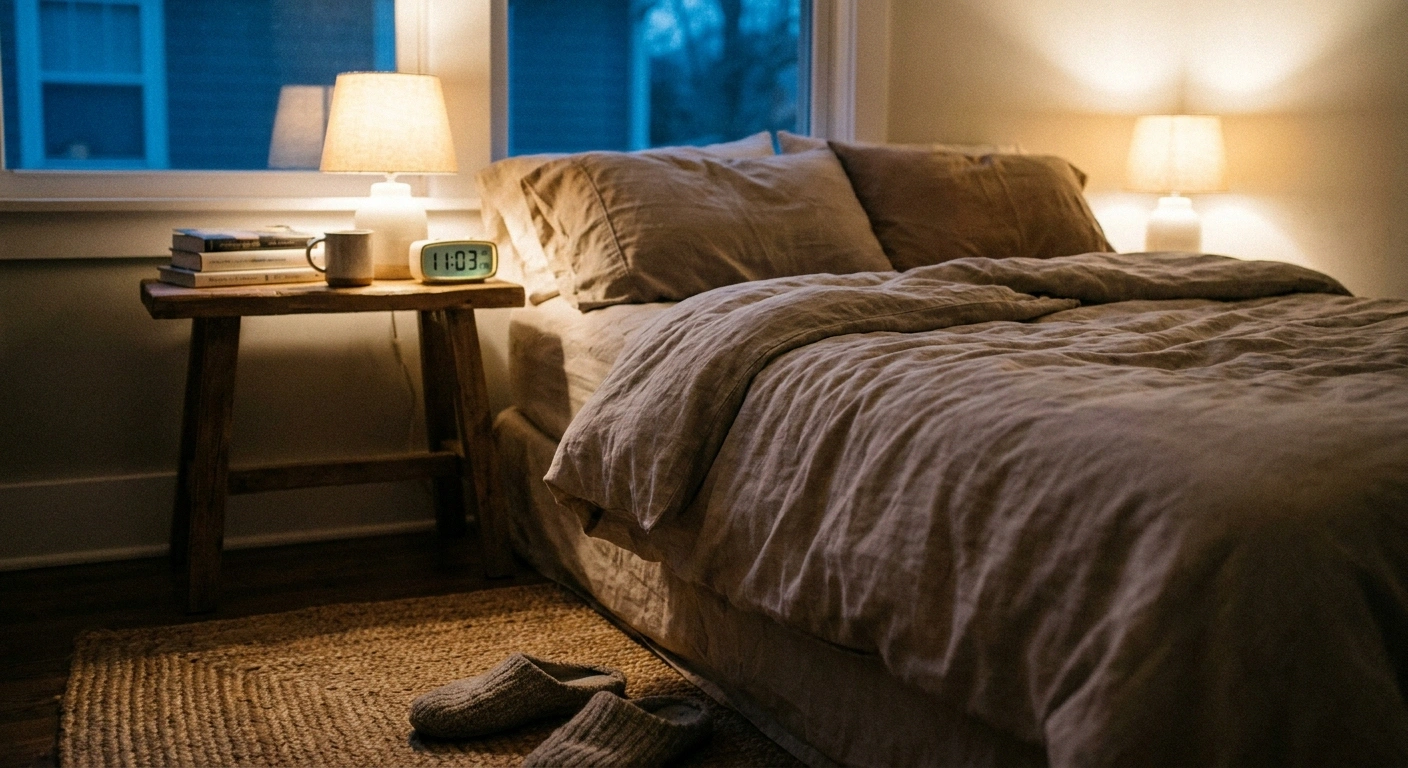 A bedside scene at night with rumpled covers and slippered feet on a rug — the restless night that defines both restless legs syndrome and neuropathy at night.