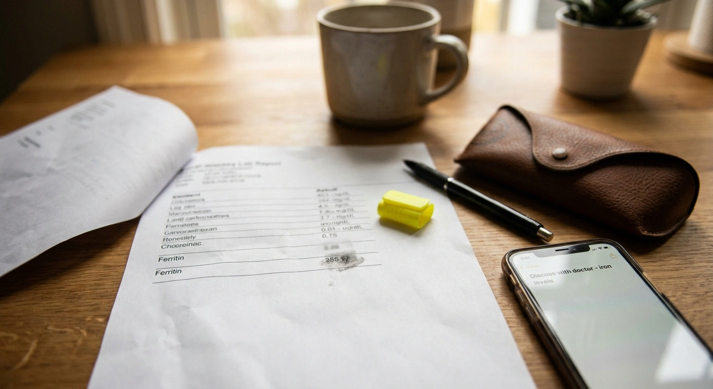 A printed lab results page on a kitchen table with a highlighter and notes — the ferritin and iron workup that drives much of restless legs syndrome treatment.