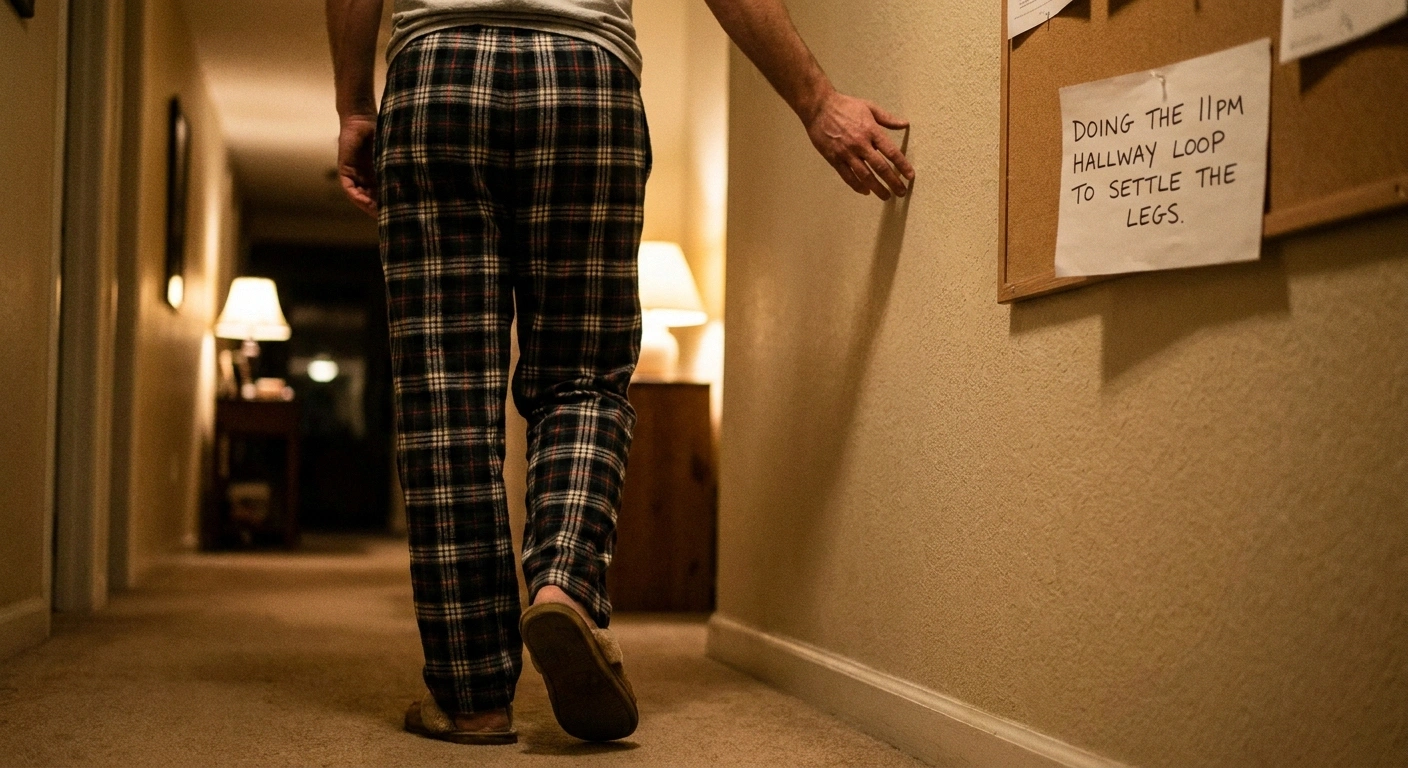 A person walks slowly down a softly lit hallway at night in pajamas — the movement-test that helps separate restless legs syndrome from neuropathy.
