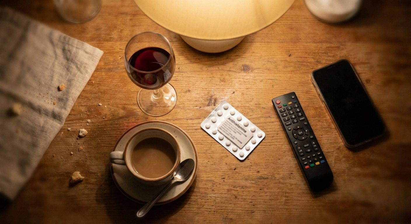 A flat-lay of a wine glass, coffee cup, and antihistamine package on a kitchen table — everyday items that can worsen both restless legs syndrome and neuropathy.