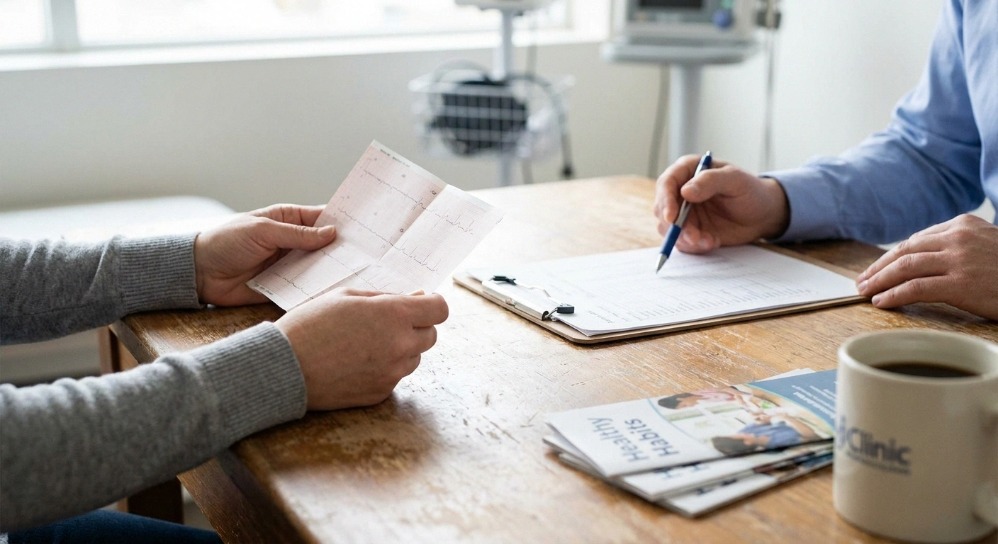 A patient and clinician review a treatment chart together at an appointment — the shared decision-making behind choosing a restless legs syndrome treatment.