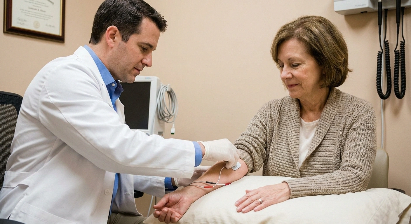 Neurologist performing nerve conduction study on a patient with rheumatoid arthritis to evaluate neuropathy