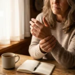 Woman with rheumatoid arthritis gently holding her wrist where she notices new tingling — considering RA-related neuropathy