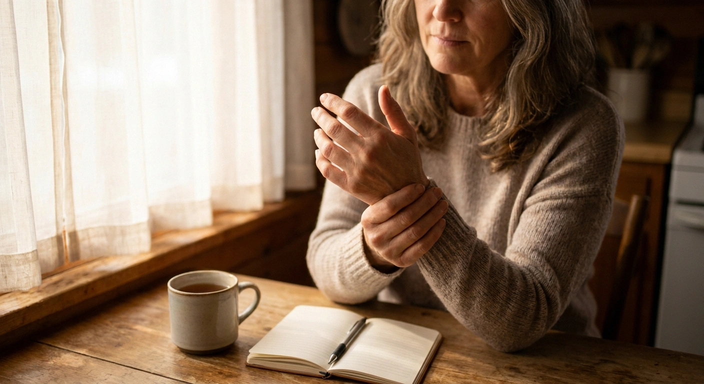 Woman with rheumatoid arthritis gently holding her wrist where she notices new tingling — considering RA-related neuropathy