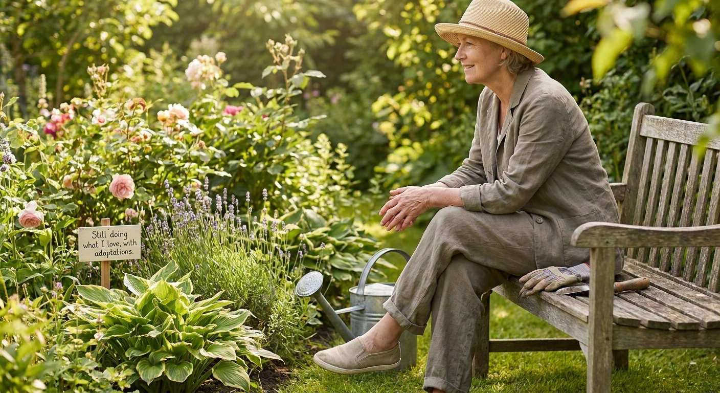 Woman with rheumatoid arthritis enjoying her garden — modern treatment helps preserve quality of life with neuropathy