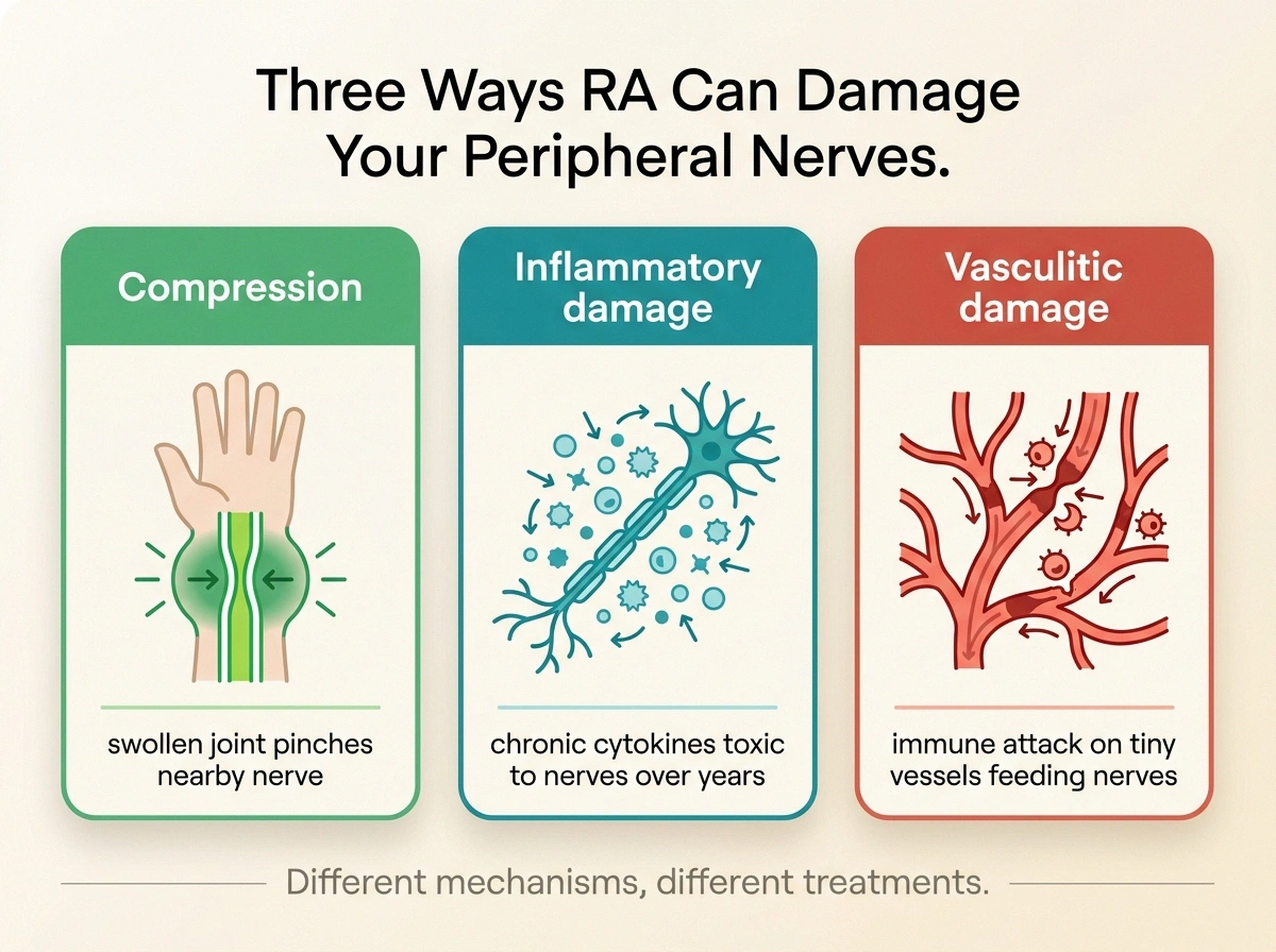 Infographic comparing three mechanisms of RA nerve damage: compression, inflammatory polyneuropathy, vasculitic neuropathy