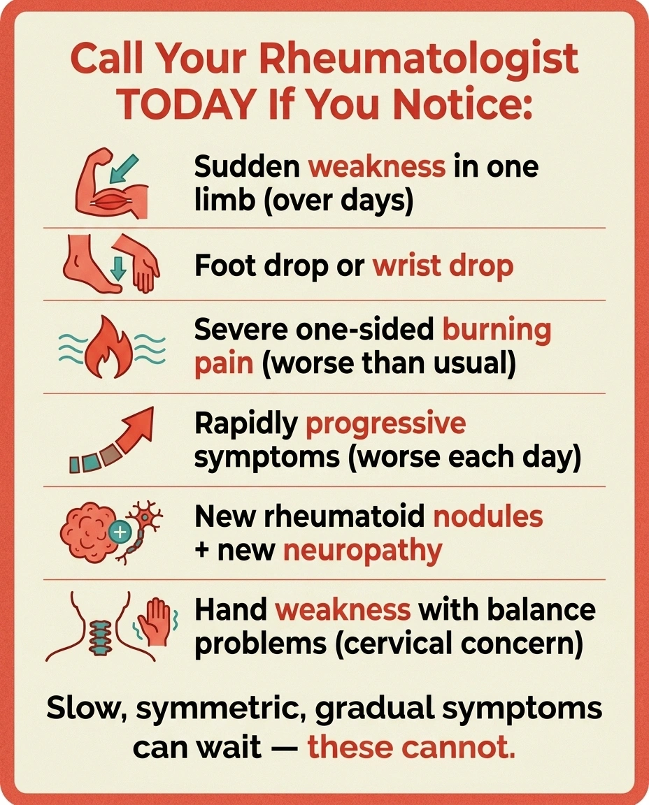 Infographic listing red-flag neuropathy symptoms in rheumatoid arthritis that require urgent evaluation