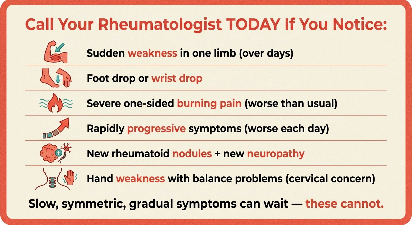 Infographic listing red-flag neuropathy symptoms in rheumatoid arthritis that require urgent evaluation