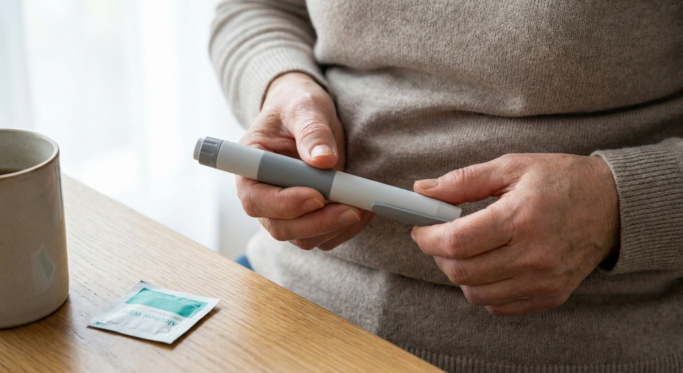 Woman with rheumatoid arthritis preparing a self-administered biologic injection — modern RA treatment supports nerve health