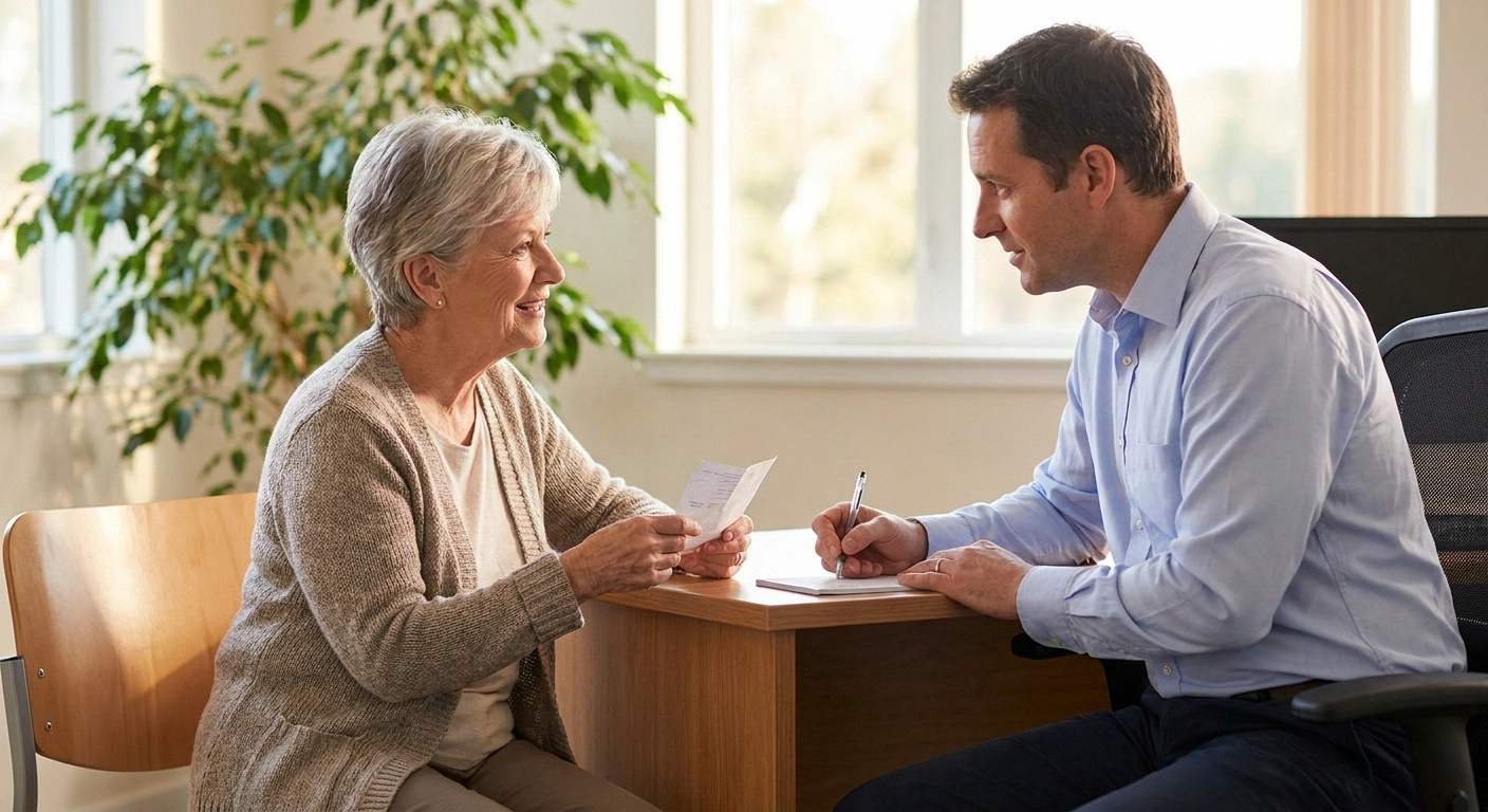 Older patient using a written question list during an engaged, collaborative appointment about switching medications