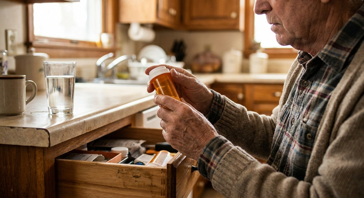 Older person pausing while holding a prescription bottle, illustrating the risky impulse to simply stop a medication