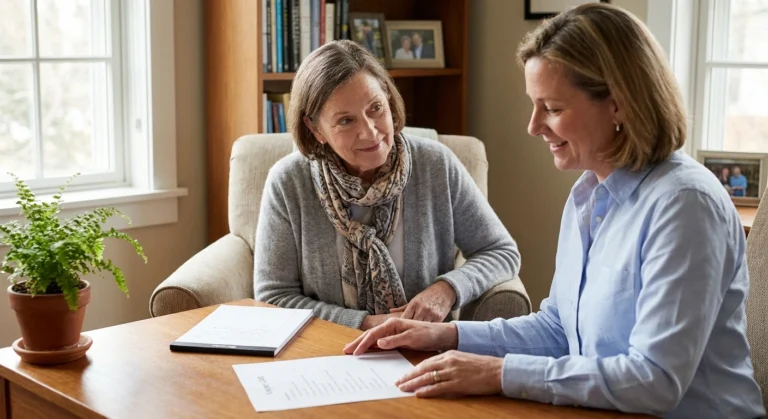 Older patient and doctor reviewing a medication list together at a calm desk while planning a treatment change