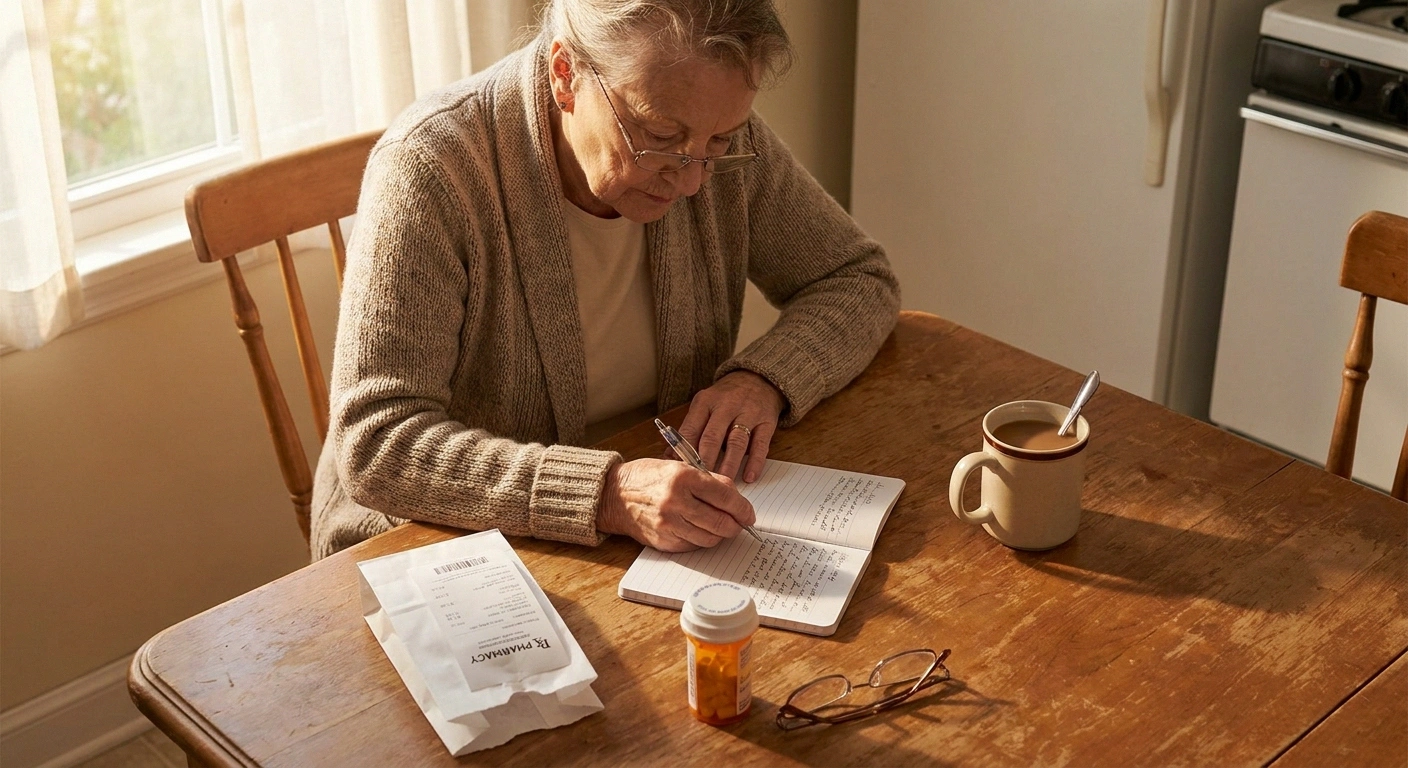 Older person making notes before a doctor visit to explain which medication problem they need solved
