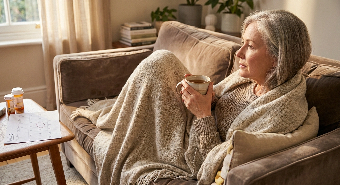 Older woman resting under a blanket with tea, patiently riding out the rough middle window of a medication switch
