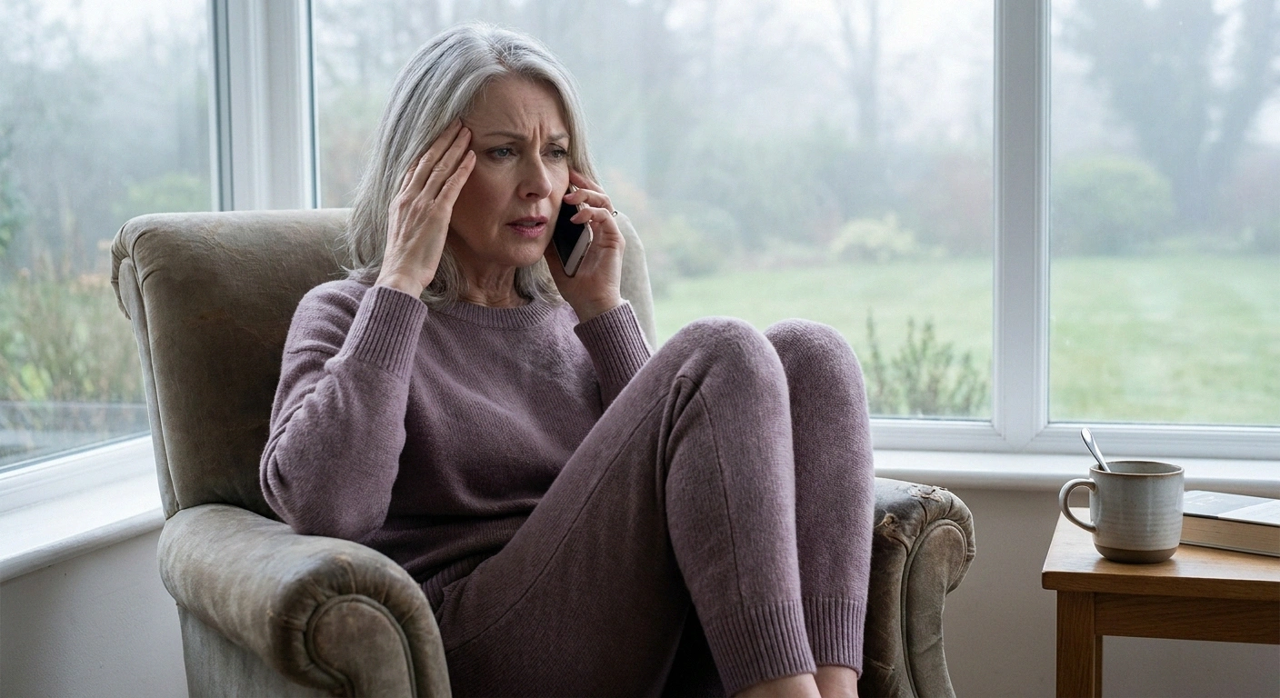 Woman pausing mid-conversation on the phone with hand at her temple, searching for a word — illustrating topiramate cognitive fog