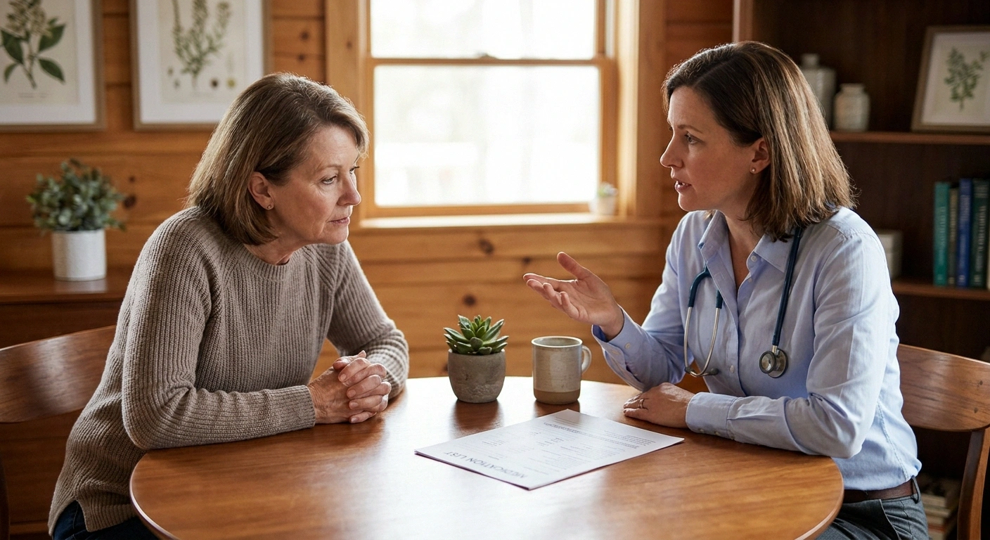 Patient and doctor discussing topiramate options in a warm consultation setting