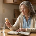 Older woman thoughtfully examining a topiramate prescription bottle at her kitchen table while taking notes