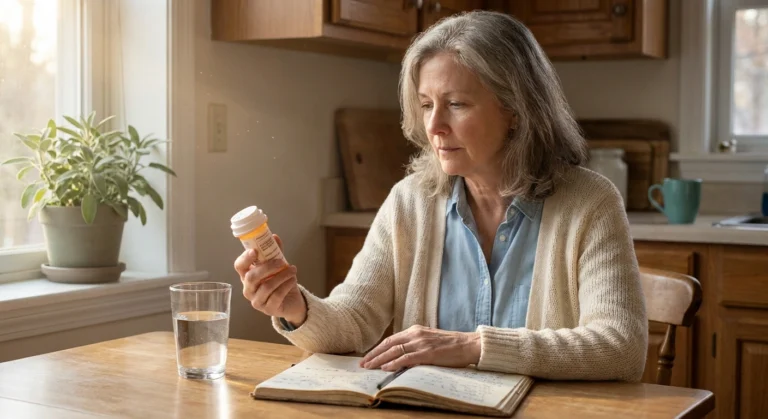 Older woman thoughtfully examining a topiramate prescription bottle at her kitchen table while taking notes