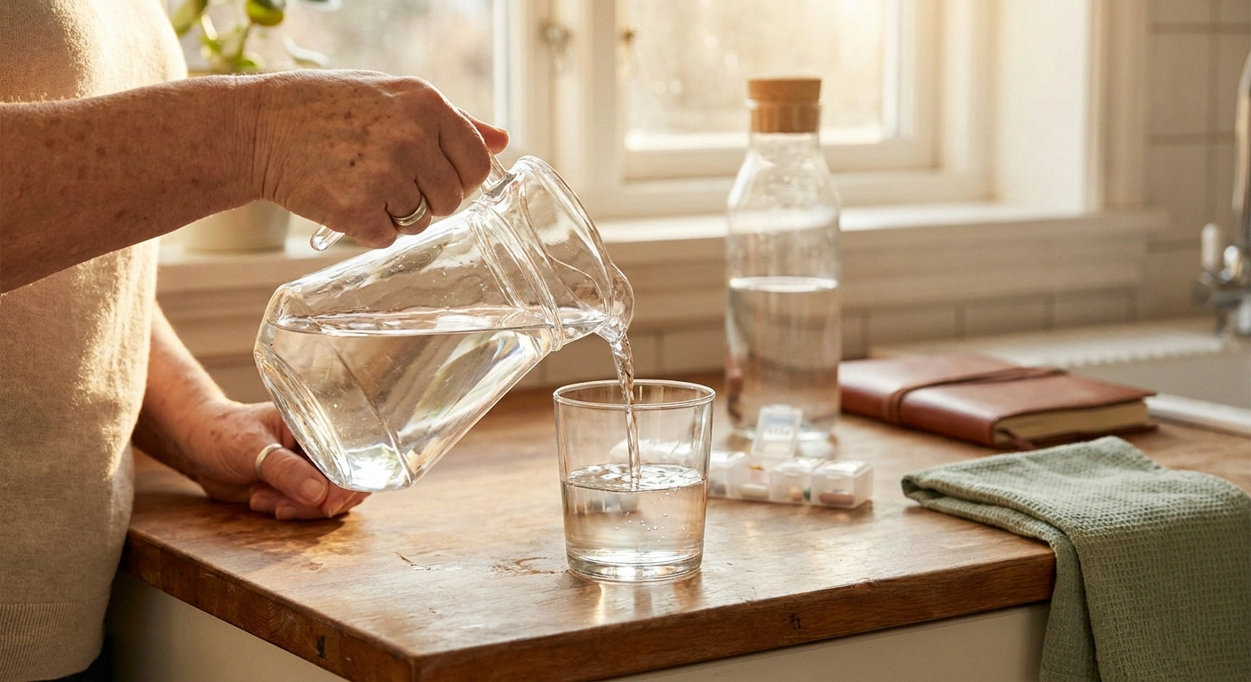 Hand pouring water from a pitcher into a glass, illustrating hydration to reduce topiramate side effects