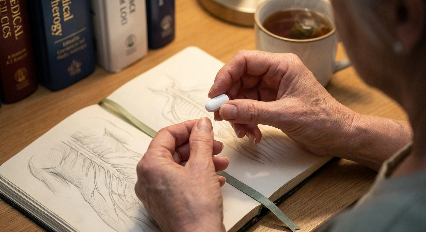 Hands holding a single topiramate pill above a notebook with pencil sketches of nerve pathways