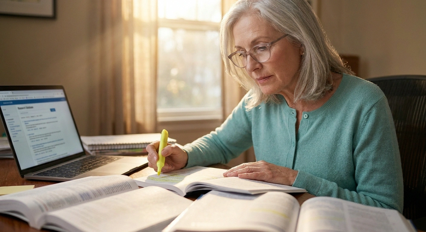Older woman in reading glasses studying medical journals with a highlighter to evaluate topiramate research