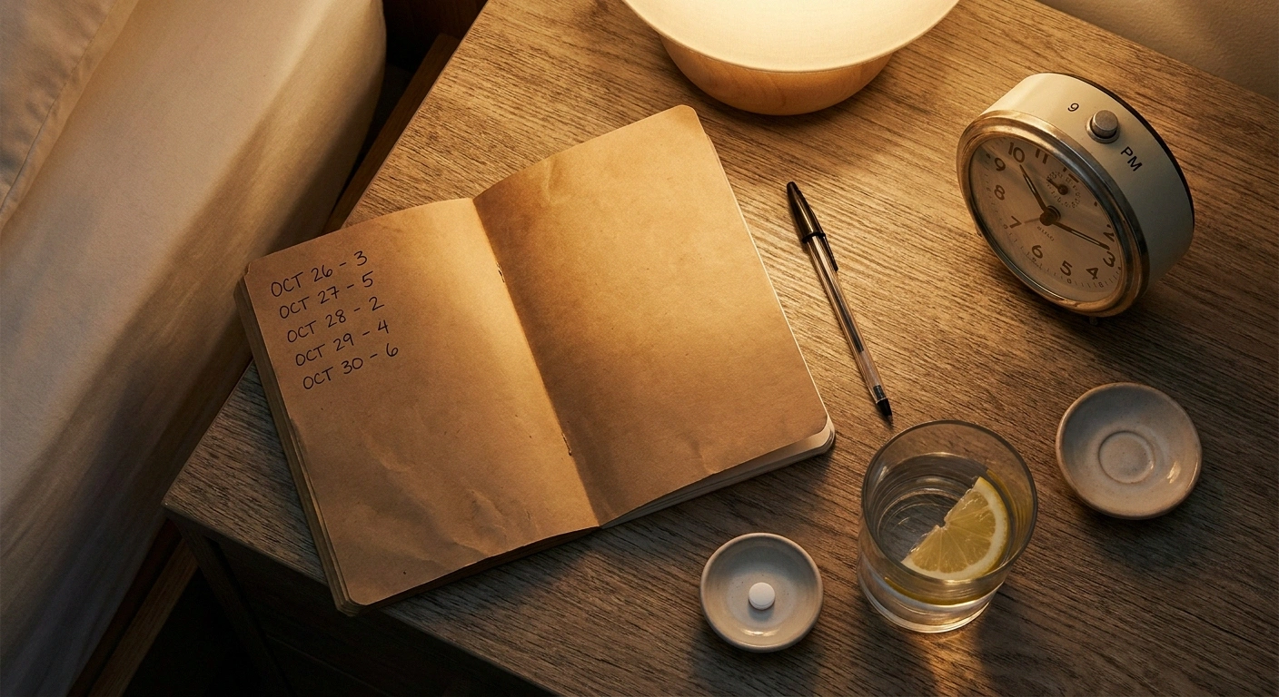 Bedside flat-lay with handwritten pain diary entries, water glass, and a single topiramate pill