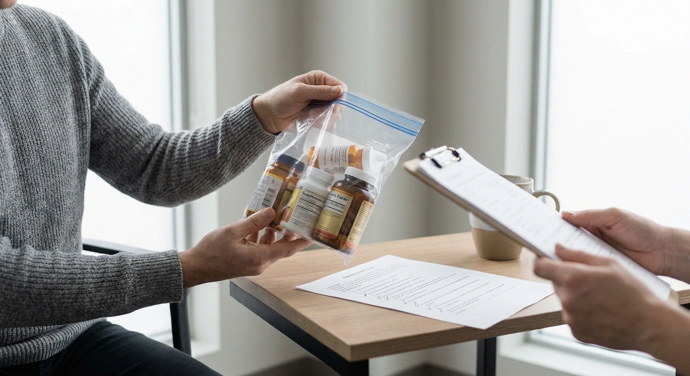 A patient hands a bag of supplement bottles to a clinician during an appointment — the supplement-audit conversation that anchors a B6 toxicity workup.