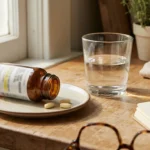 A B-complex supplement bottle and pills on a kitchen counter beside reading glasses and a checklist — the everyday objects behind vitamin B6 toxicity neuropathy.